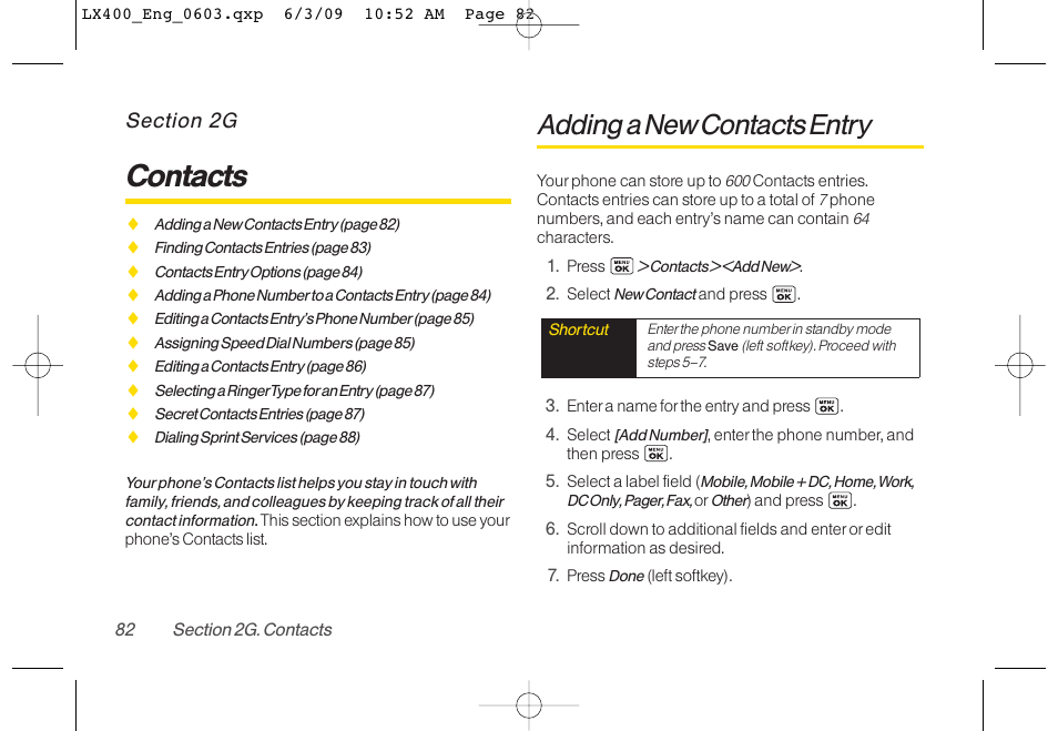 Contacts, Adding a new contacts entry | LG LX400 User Manual | Page 96 / 180