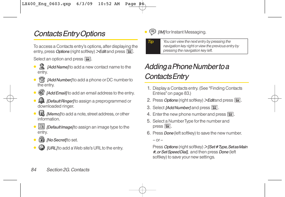 Contacts entry options, Adding a phone numberto a contacts entry | LG LX400 User Manual | Page 98 / 180