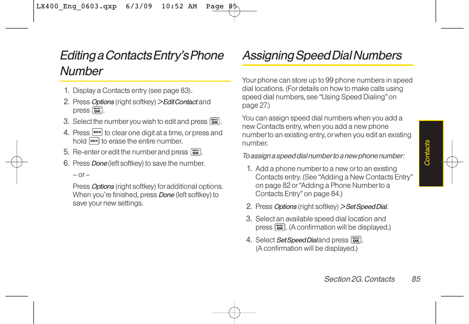 Editing a contacts entry’s phone number, Assigning speed dial numbers | LG LX400 User Manual | Page 99 / 180