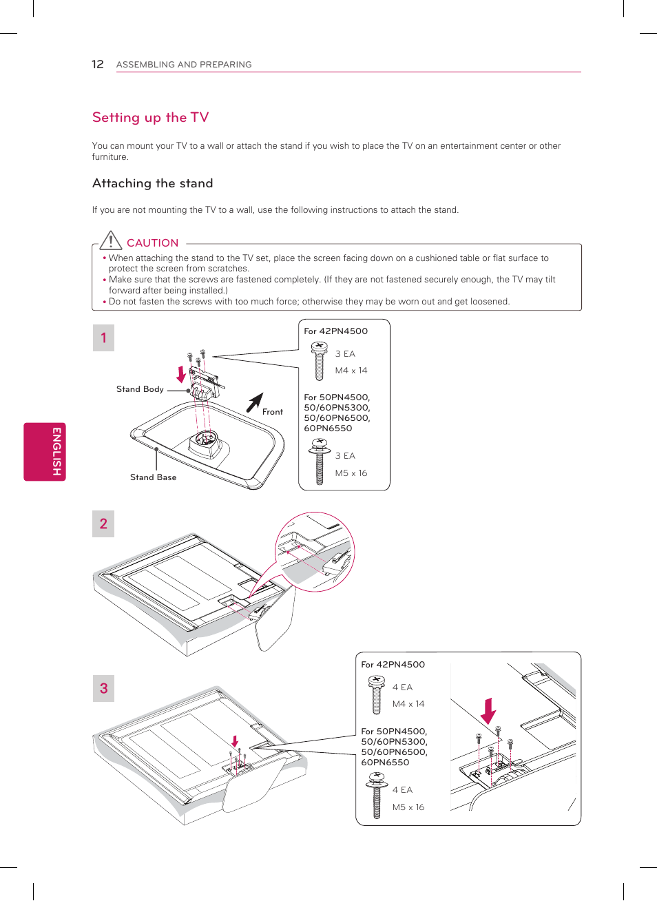 Setting up the tv, Attaching the stand | LG 50PN4500 User Manual | Page 12 / 44