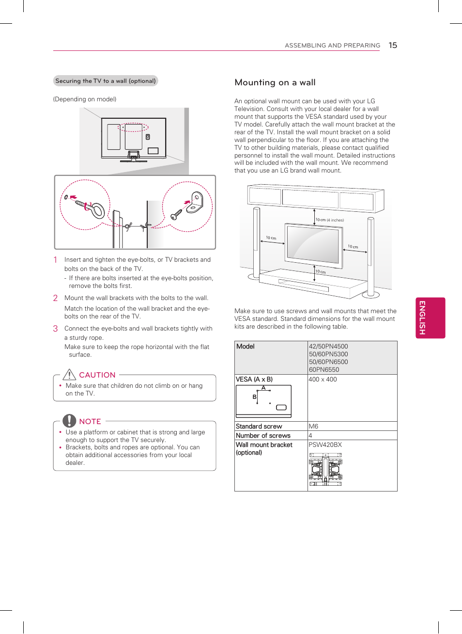 Mounting on a wall | LG 50PN4500 User Manual | Page 15 / 44