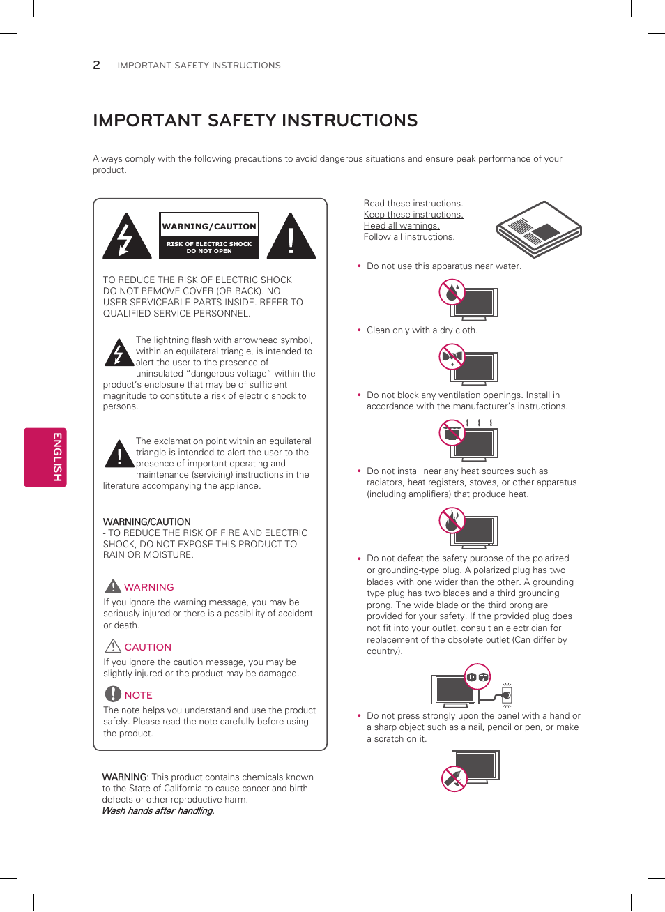 Important safety instructions, English | LG 50PN4500 User Manual | Page 2 / 44