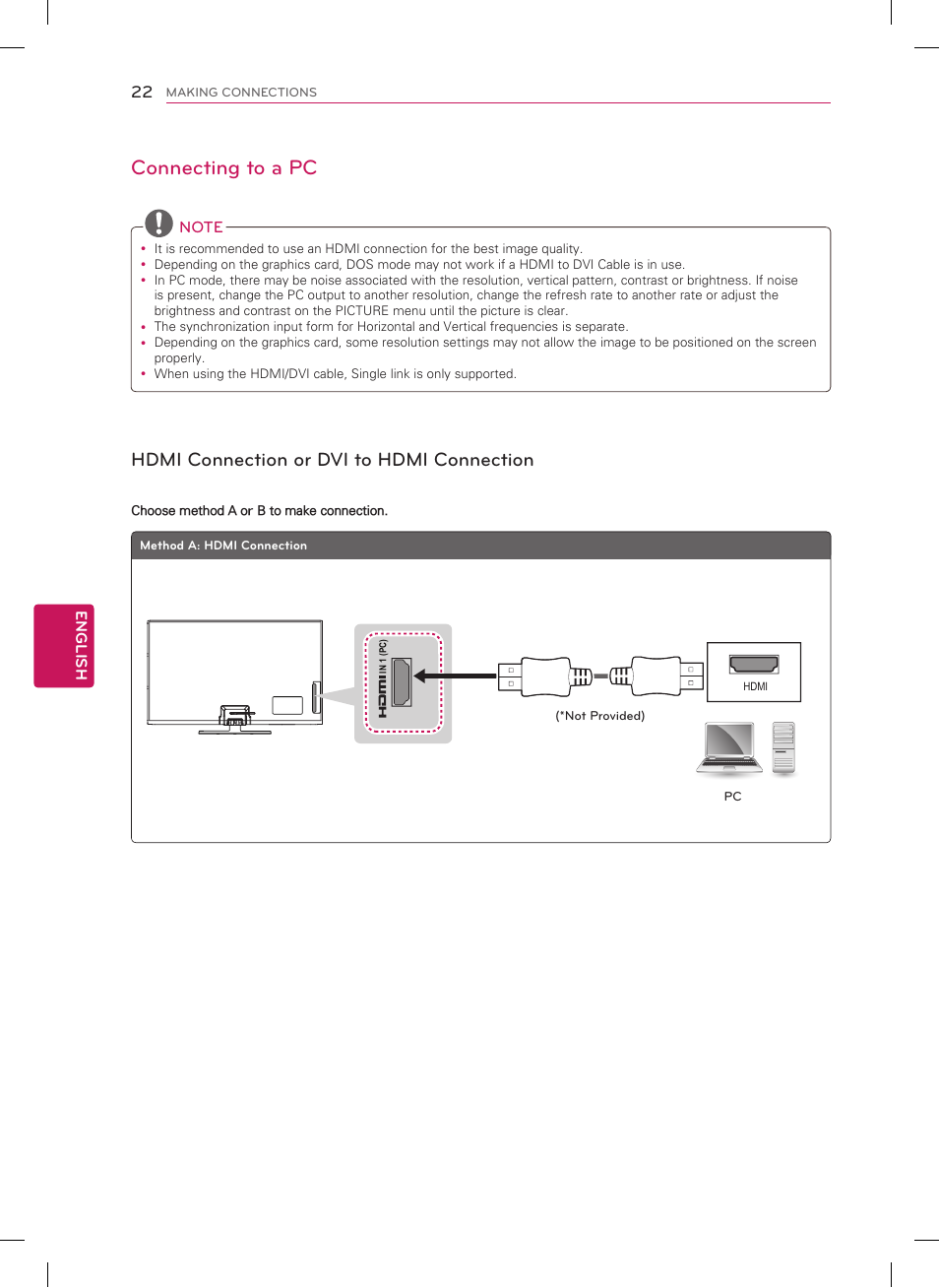 Connecting to a pc, Hdmi connection or dvi to hdmi connection, English | LG 50PN4500 User Manual | Page 22 / 44