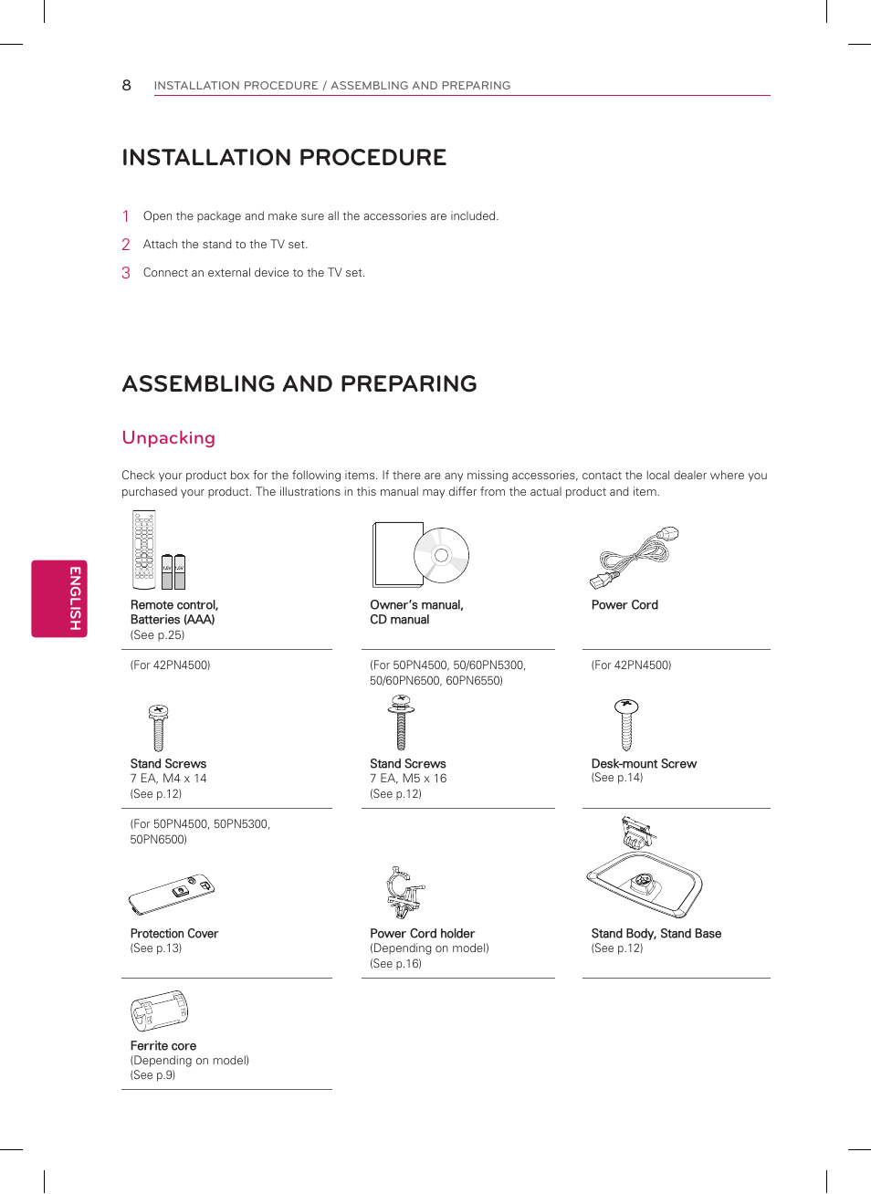 Assembling and preparing, Installation procedure, Unpacking | LG 50PN4500 User Manual | Page 8 / 44