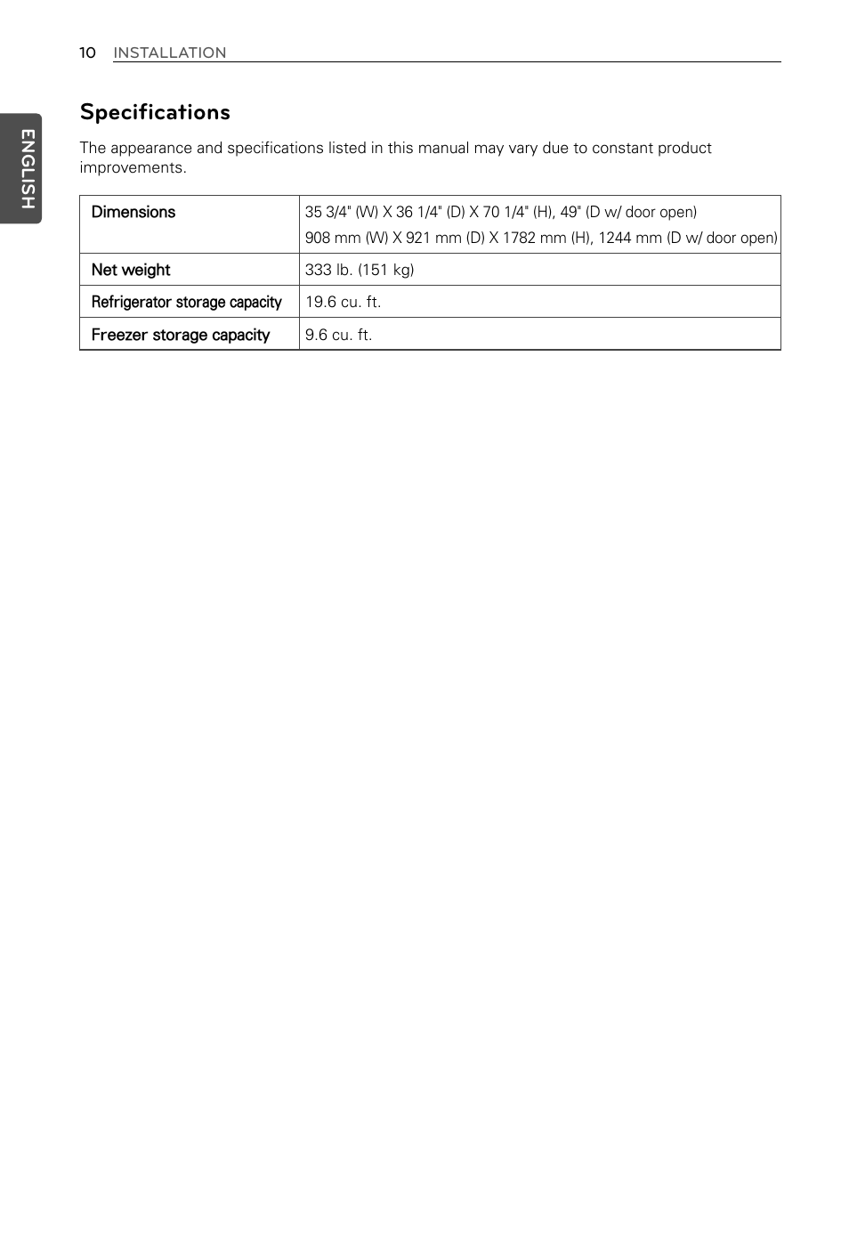 Specifications | LG LFX29937ST User Manual | Page 10 / 61