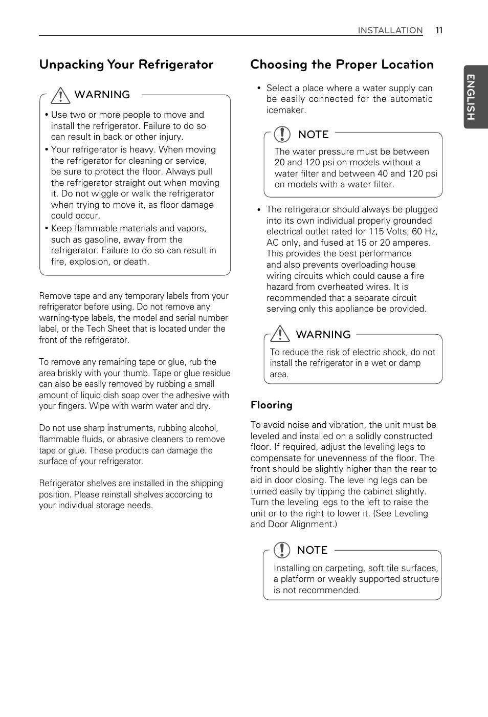 Choosing the proper location, Unpacking your refrigerator | LG LFX29937ST User Manual | Page 11 / 61
