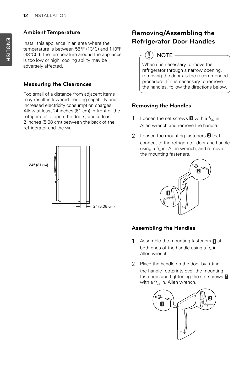 Removing/assembling the refrigerator door handles, Ambient temperature, Measuring the clearances | Removing the handles 1, Assembling the handles 1, English | LG LFX29937ST User Manual | Page 12 / 61