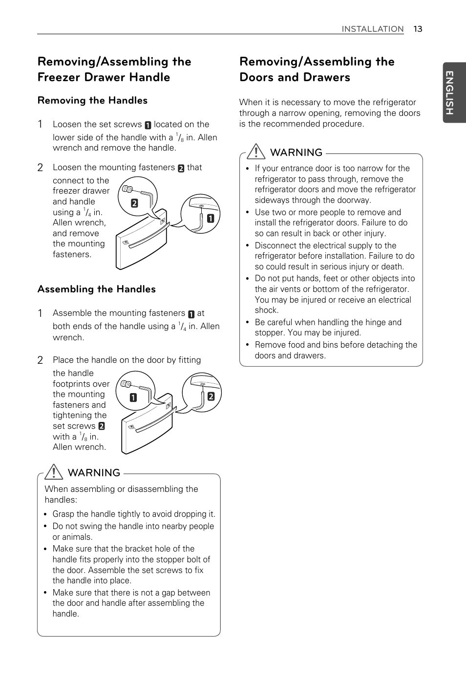 Removing/assembling the doors and drawers, Removing/assembling the freezer drawer handle, Warning | Removing the handles 1, Assembling the handles 1 | LG LFX29937ST User Manual | Page 13 / 61