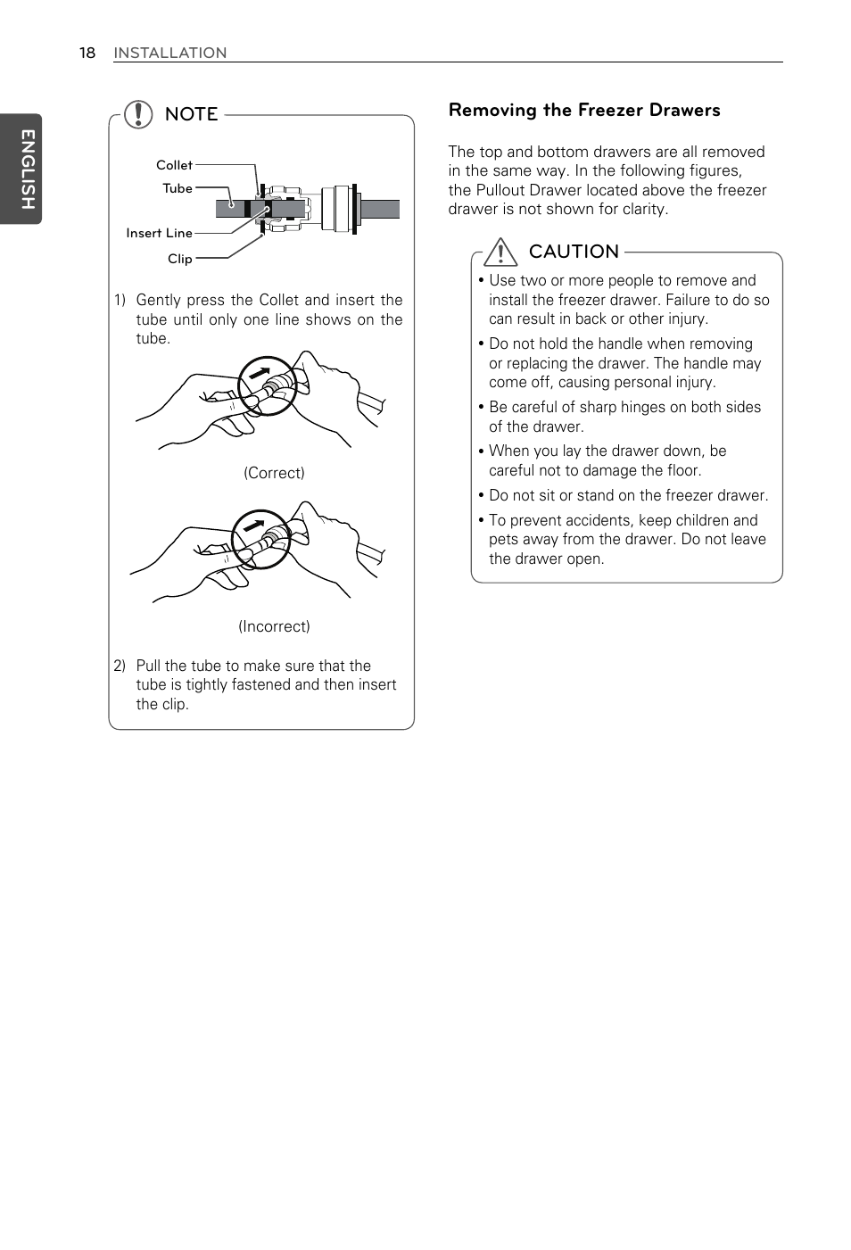 Caution, Removing the freezer drawers | LG LFX29937ST User Manual | Page 18 / 61