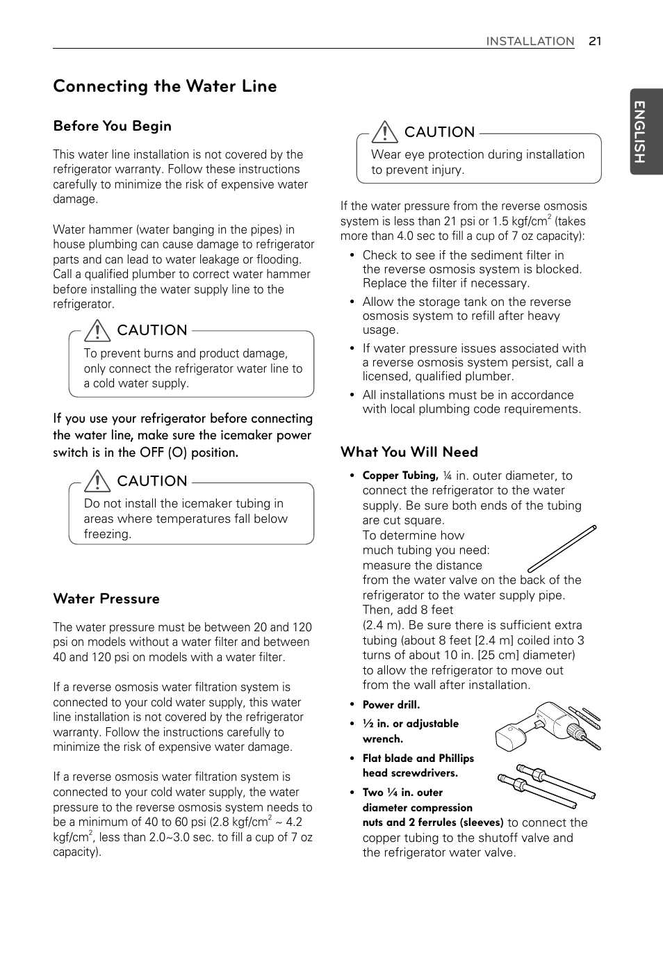 Connecting the water line, Caution, Before you begin | What you will need | LG LFX29937ST User Manual | Page 21 / 61