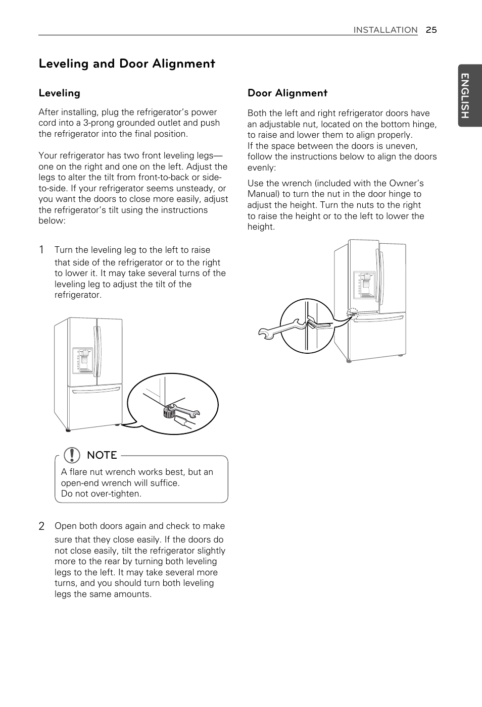 Leveling and door alignment | LG LFX29937ST User Manual | Page 25 / 61