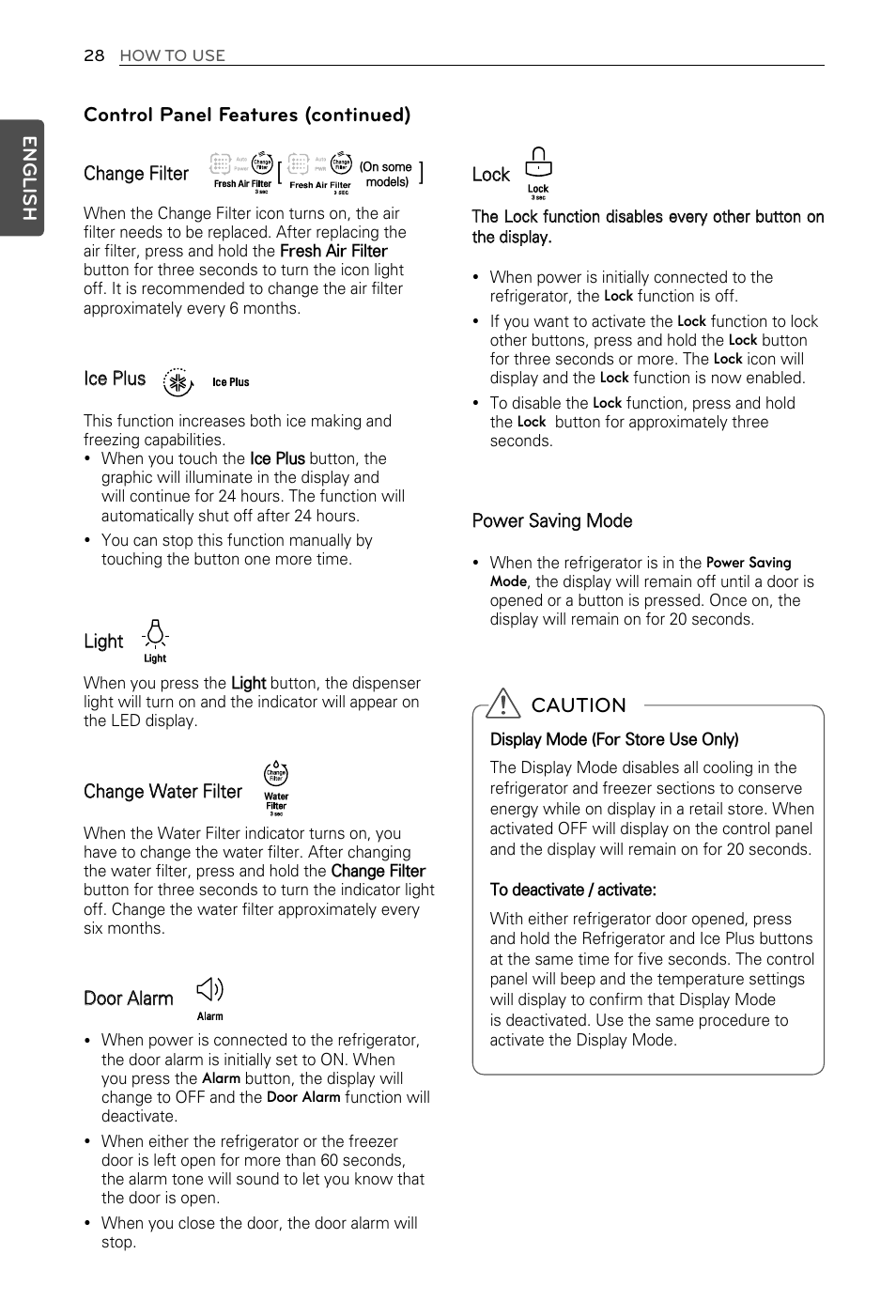 Control panel features (continued), Caution | LG LFX29937ST User Manual | Page 28 / 61
