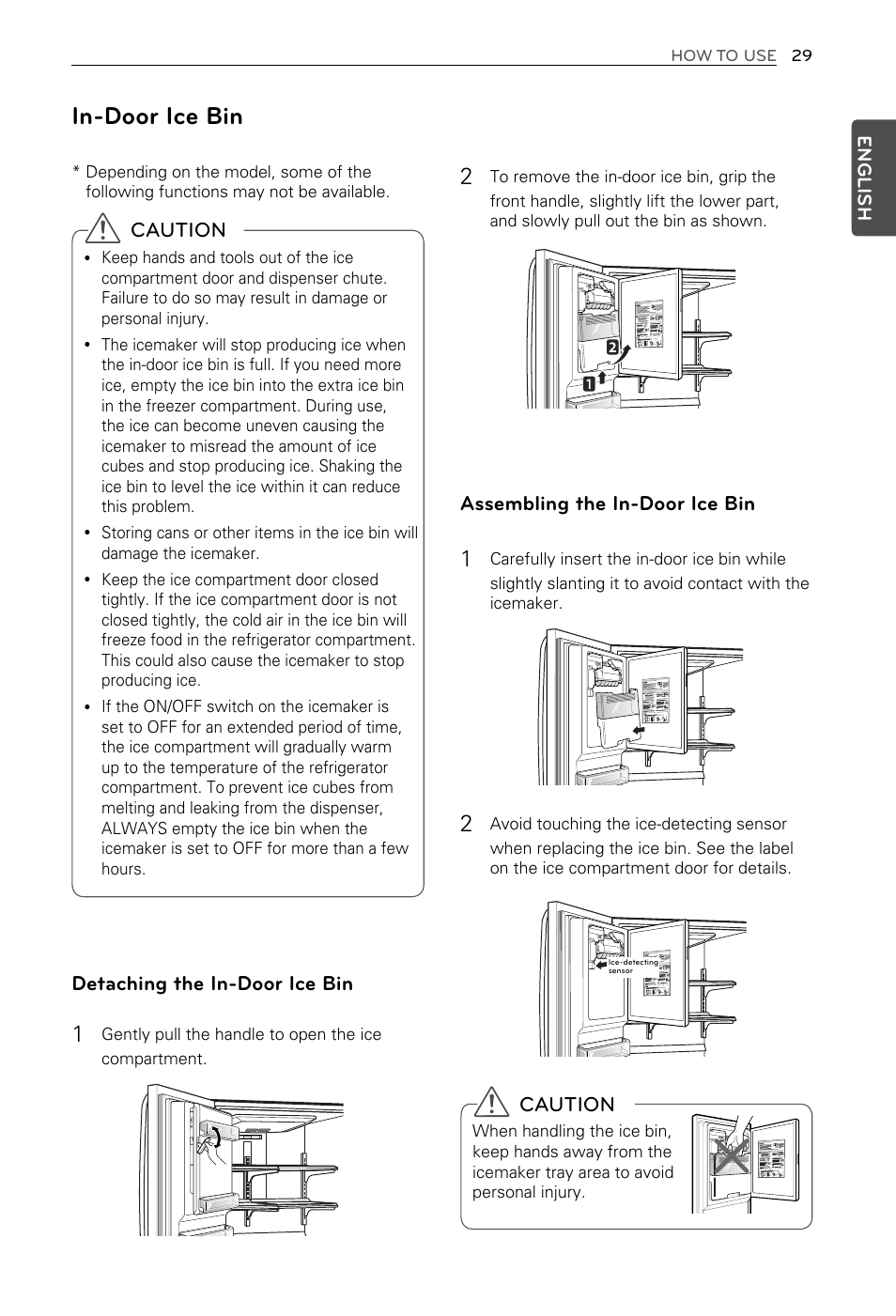 In-door ice bin, Caution, Detaching the in-door ice bin | Assembling the in-door ice bin | LG LFX29937ST User Manual | Page 29 / 61
