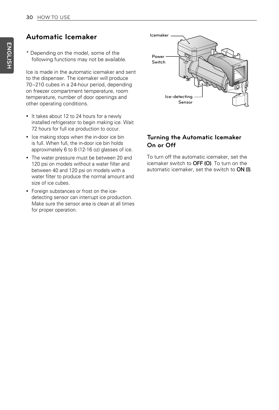 Automatic icemaker, Turning the automatic icemaker on or off, English | LG LFX29937ST User Manual | Page 30 / 61
