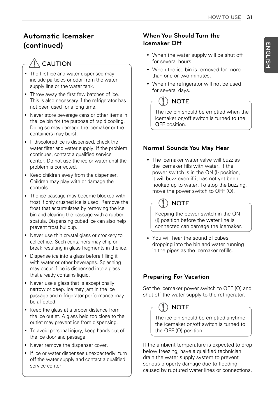Automatic icemaker (continued), Caution when you should turn the icemaker off, Normal sounds you may hear | Preparing for vacation | LG LFX29937ST User Manual | Page 31 / 61