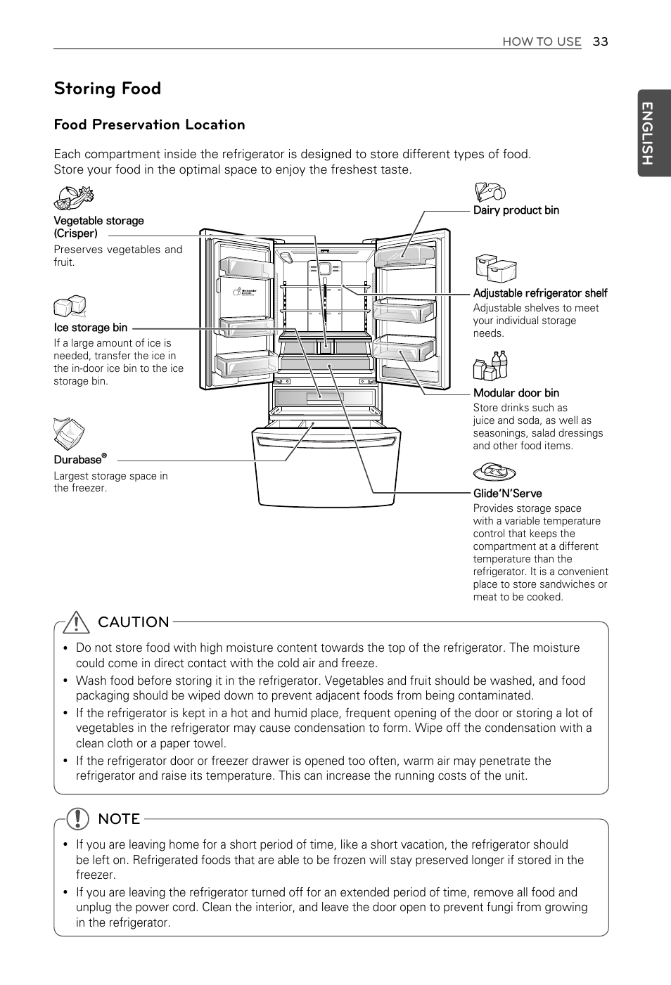 Storing food, Food preservation location, Caution | English | LG LFX29937ST User Manual | Page 33 / 61