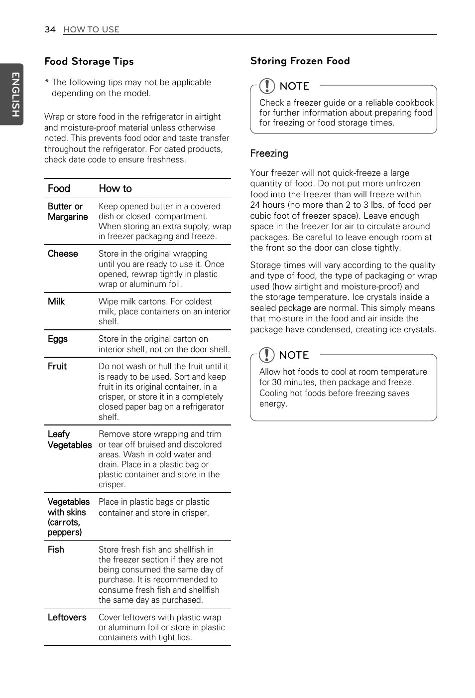 Food storage tips, Storing frozen food, English | LG LFX29937ST User Manual | Page 34 / 61