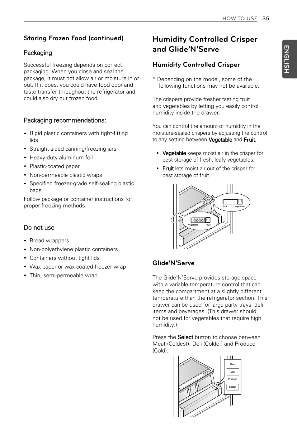 Humidity controlled crisper and glide’n’serve, Humidity controlled crisper, Glide’n’serve | Storing frozen food (continued), English, Packaging, Packaging recommendations, Do not use | LG LFX29937ST User Manual | Page 35 / 61