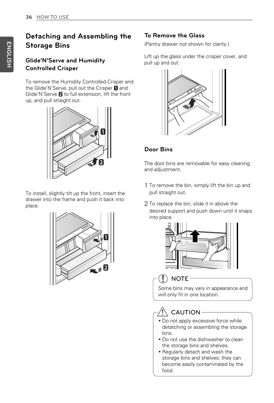 Detaching and assembling the storage bins, Glide’n’serve and humidity controlled crisper, Door bins | Caution | LG LFX29937ST User Manual | Page 36 / 61
