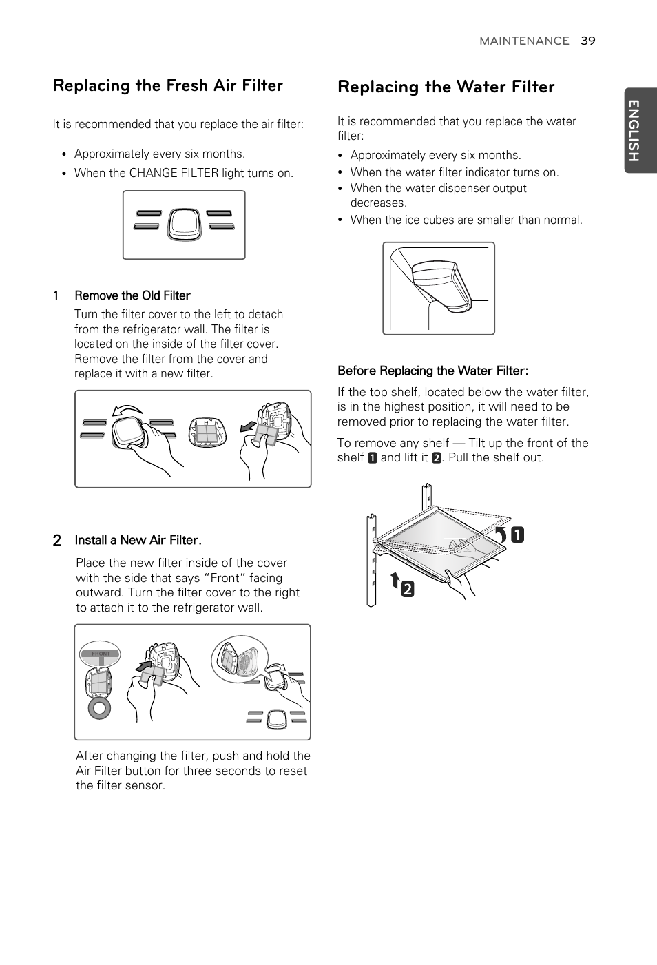 Replacing the fresh air filter, Replacing the water filter | LG LFX29937ST User Manual | Page 39 / 61