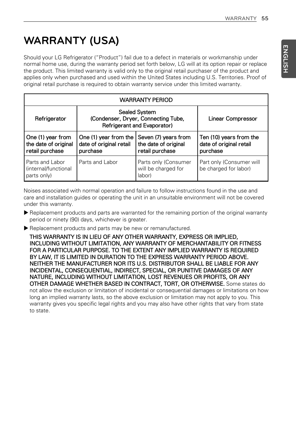 Warranty (usa) | LG LFX29937ST User Manual | Page 55 / 61