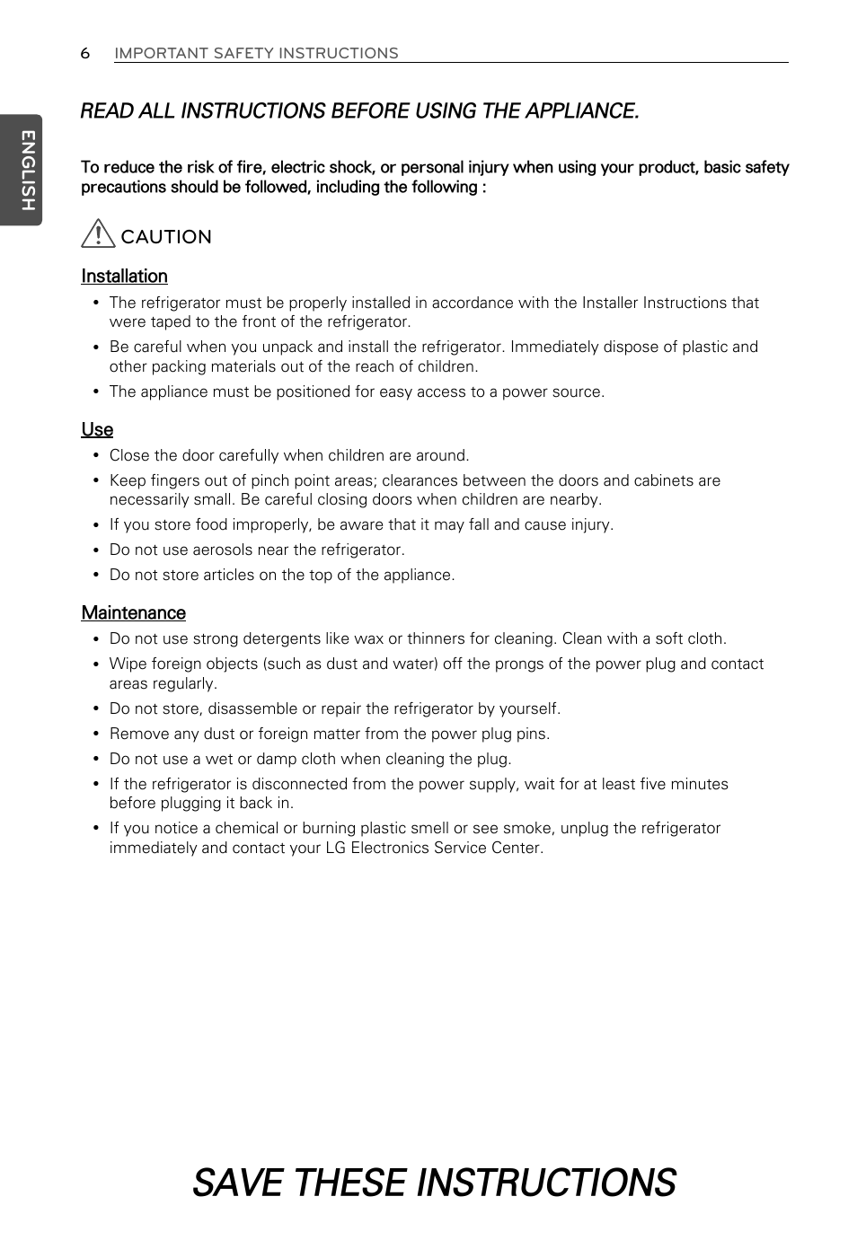 Save these instructions, Caution, Read all instructions before using the appliance | LG LFX29937ST User Manual | Page 6 / 61