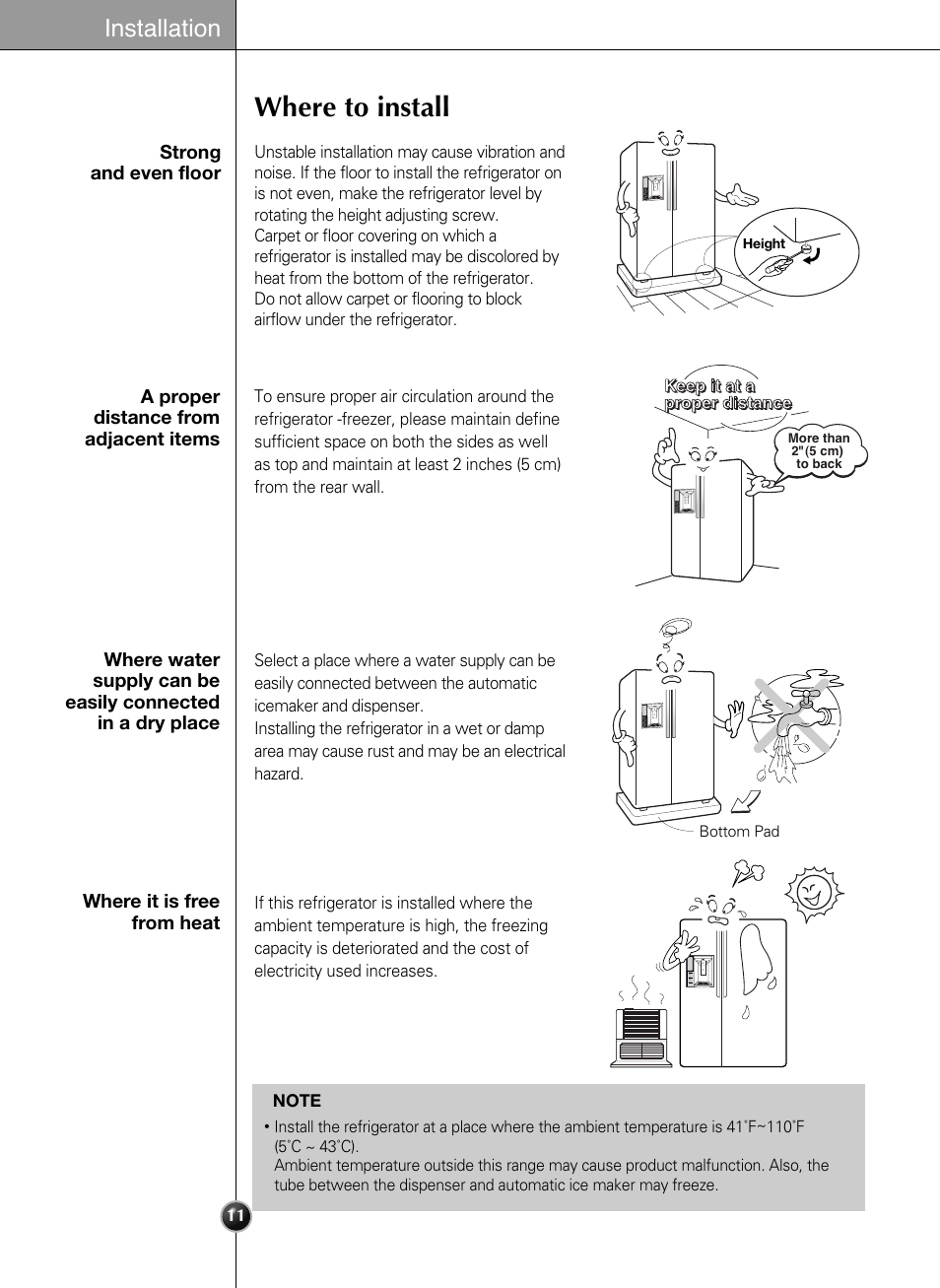 Where to install, Installation | LG LSSC243ST User Manual | Page 11 / 43