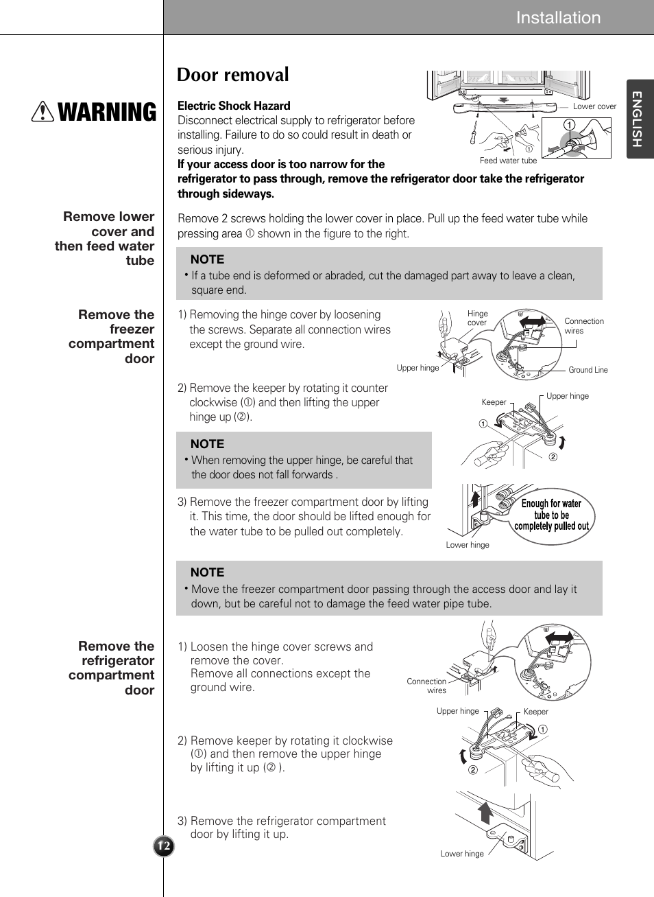 Warning, Door removal, Installation | LG LSSC243ST User Manual | Page 12 / 43