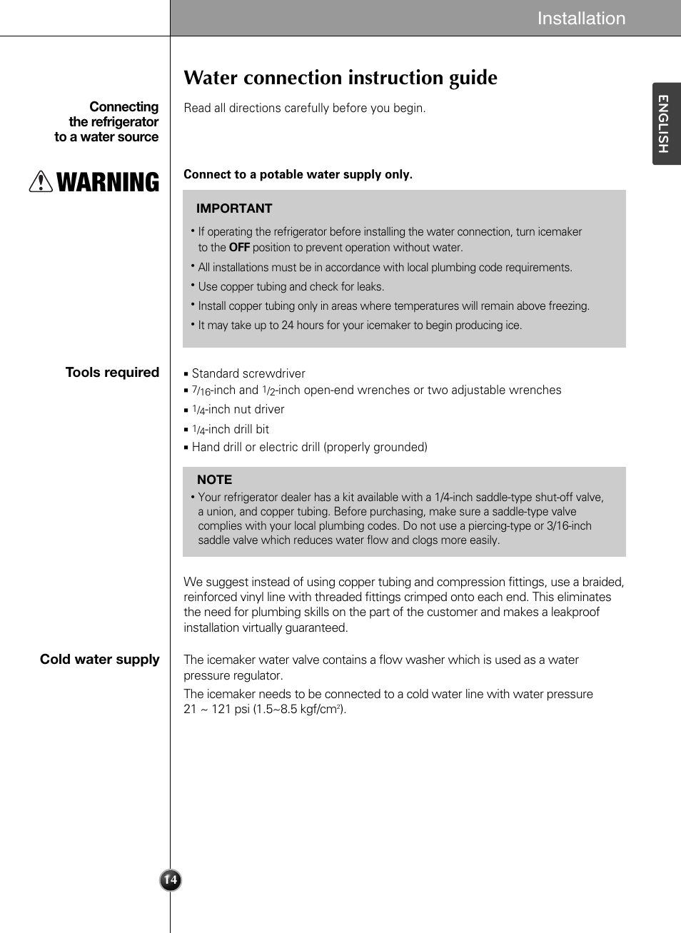 Warning, Water connection instruction guide, Installation | LG LSSC243ST User Manual | Page 14 / 43