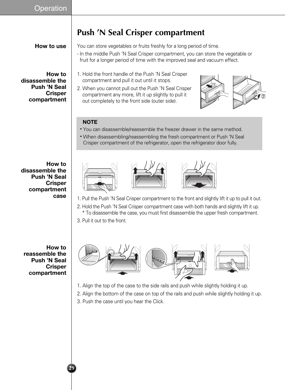 Push ’n seal crisper compartment, Operation | LG LSSC243ST User Manual | Page 29 / 43