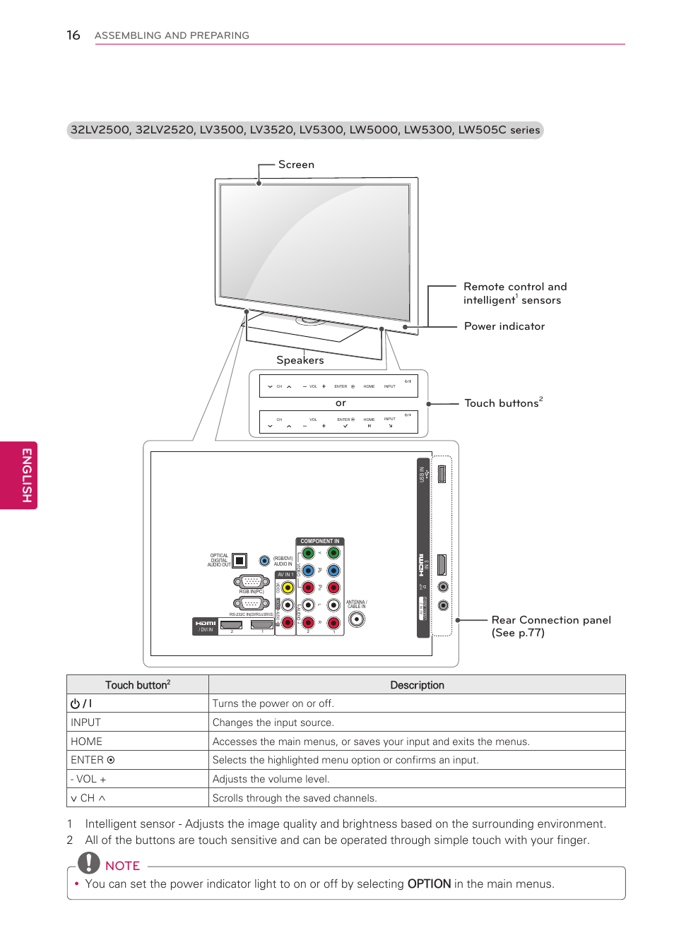 English, Assembling and preparing, Touch button | LG 42LW5000 User Manual | Page 16 / 130