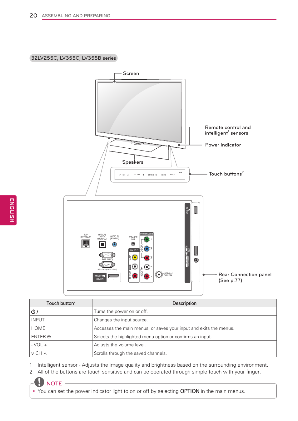 English, Assembling and preparing, Touch button | LG 42LW5000 User Manual | Page 20 / 130