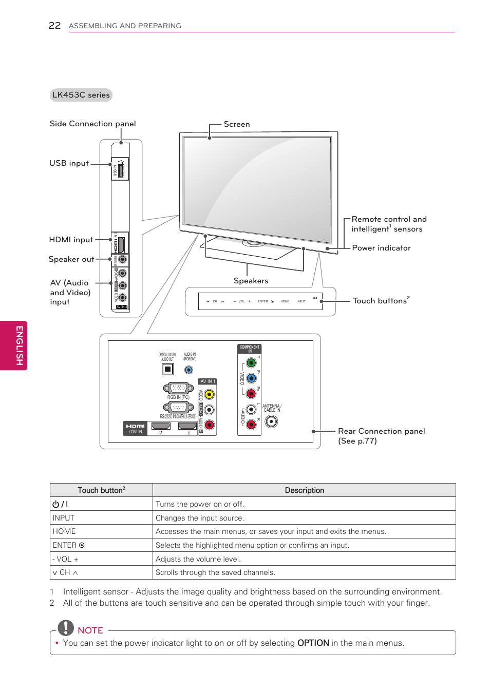 English, Lk453c series, Screen touch buttons | Power indicator remote control and intelligent | LG 42LW5000 User Manual | Page 22 / 130