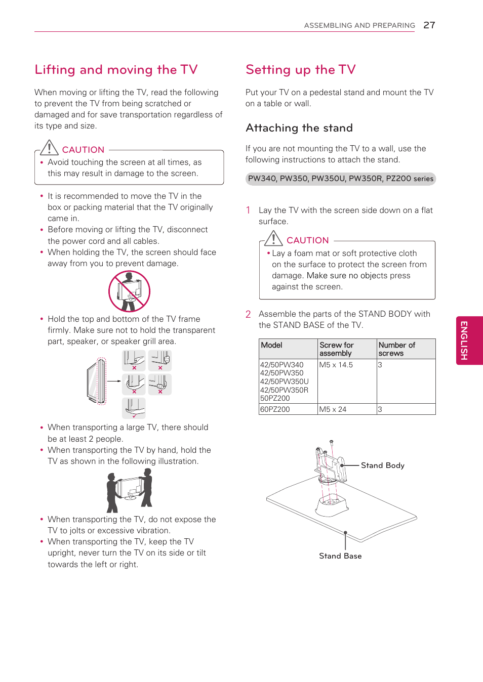 Lifting and moving the tv, Setting up the tv, Attaching the stand | LG 42LW5000 User Manual | Page 27 / 130