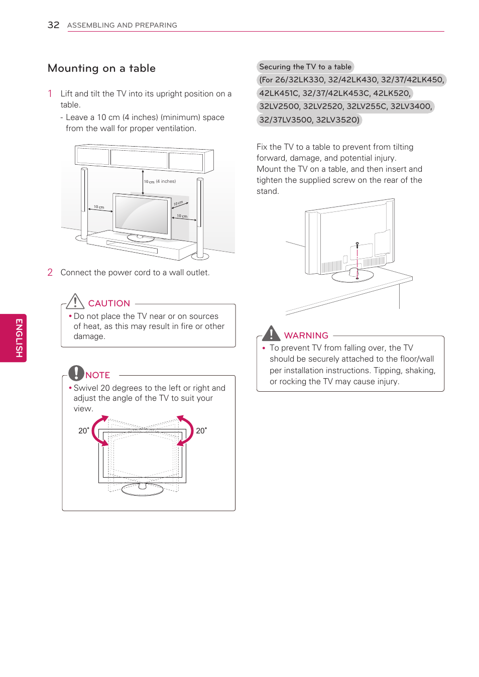 Mounting on a table | LG 42LW5000 User Manual | Page 32 / 130