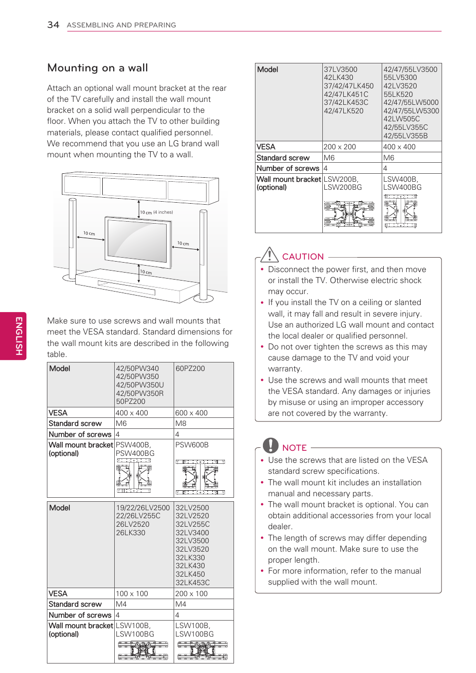 Mounting on a wall | LG 42LW5000 User Manual | Page 34 / 130