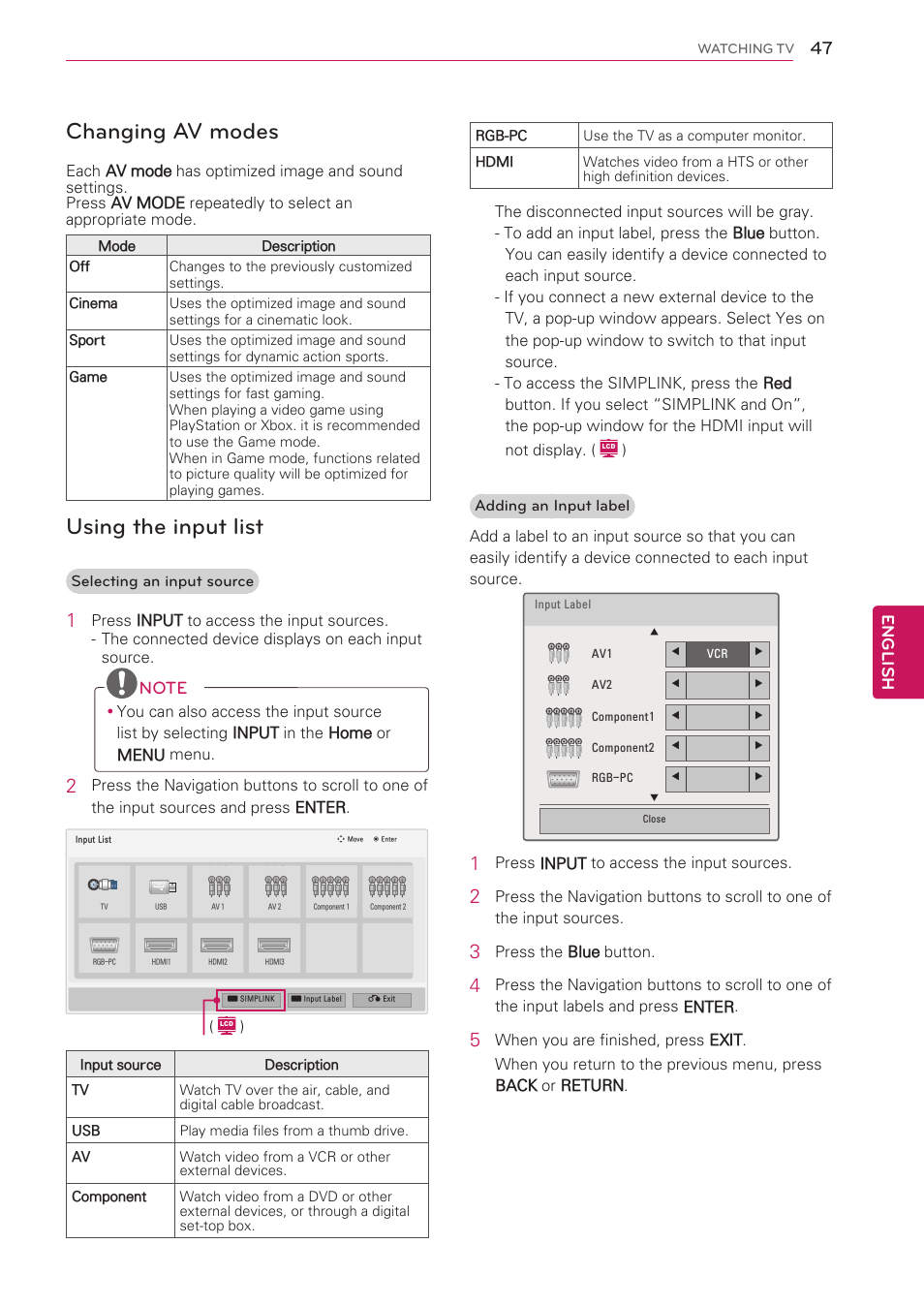 Changing av modes, Using the input list, See p.47) | English | LG 42LW5000 User Manual | Page 47 / 130