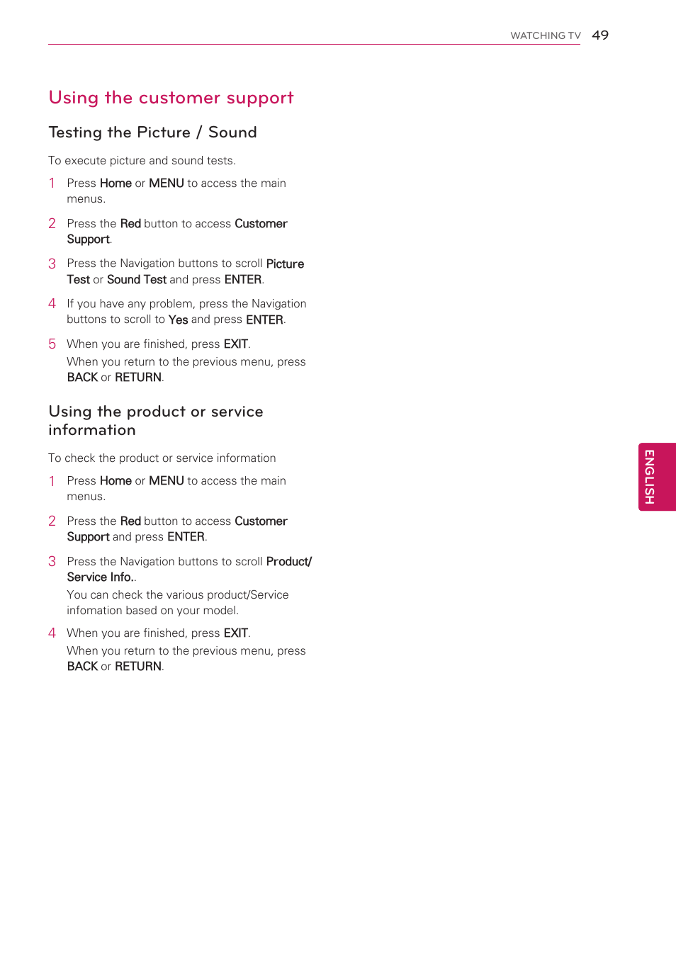 Using the customer support, Testing the picture / sound, Using the product or service information | Using the product or service informa, Tion | LG 42LW5000 User Manual | Page 49 / 130