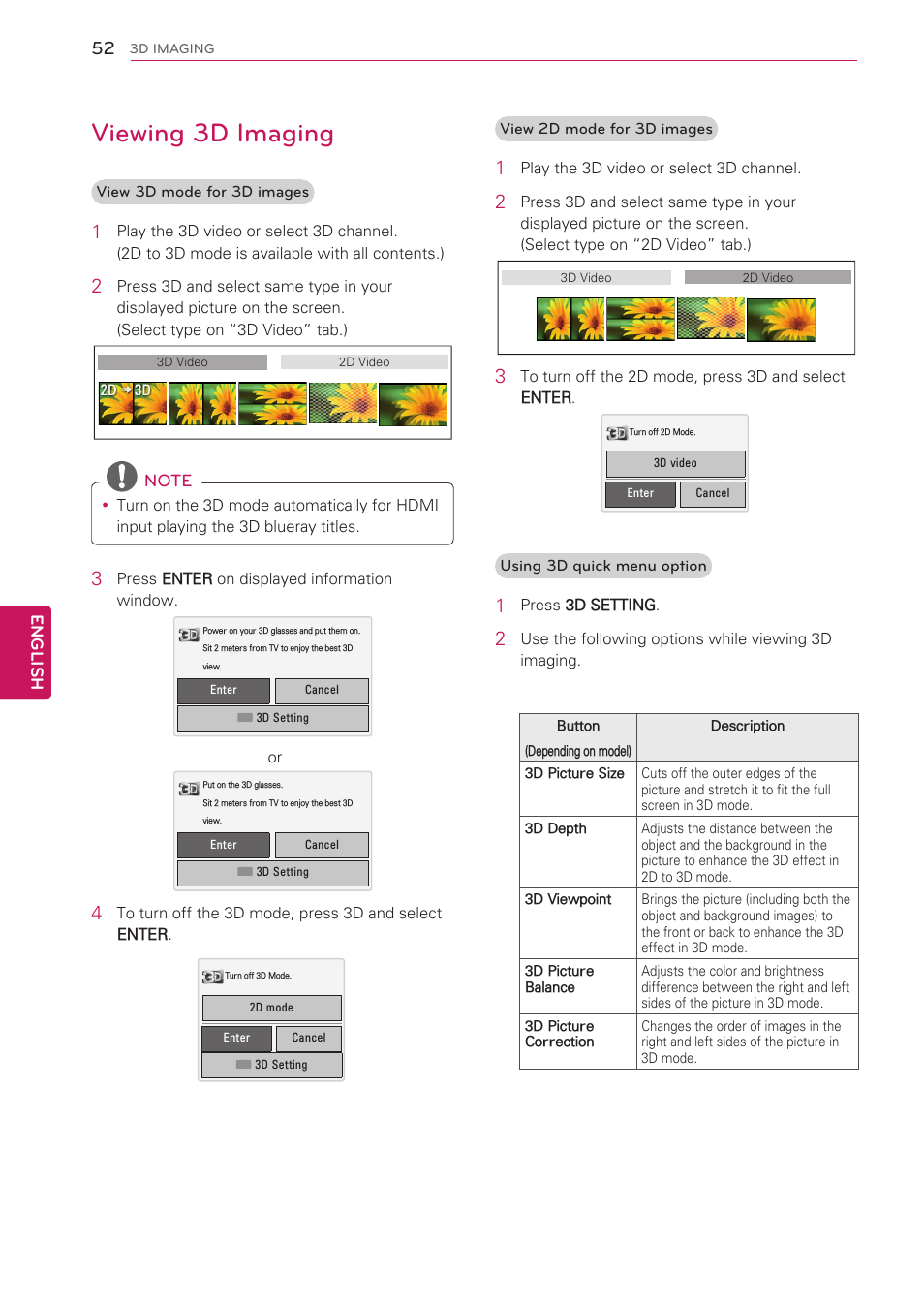 Viewing 3d imaging | LG 42LW5000 User Manual | Page 52 / 130