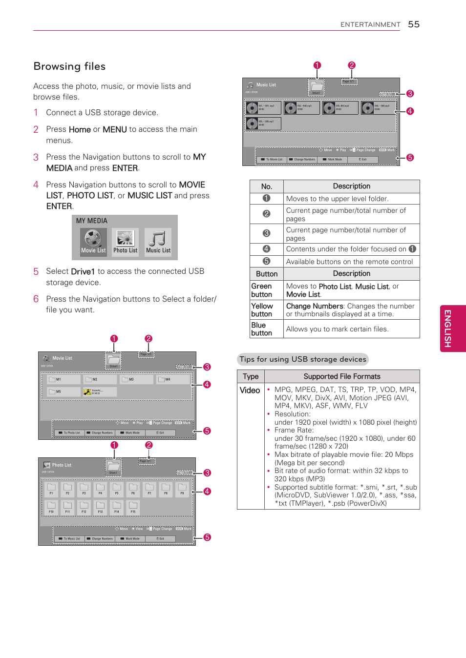 Browsing files, English, Connect a usb storage device | Press home or menu to access the main menus, Tips for using usb storage devices, Video | LG 42LW5000 User Manual | Page 55 / 130
