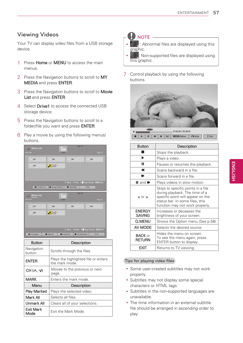 Viewing videos, English | LG 42LW5000 User Manual | Page 57 / 130