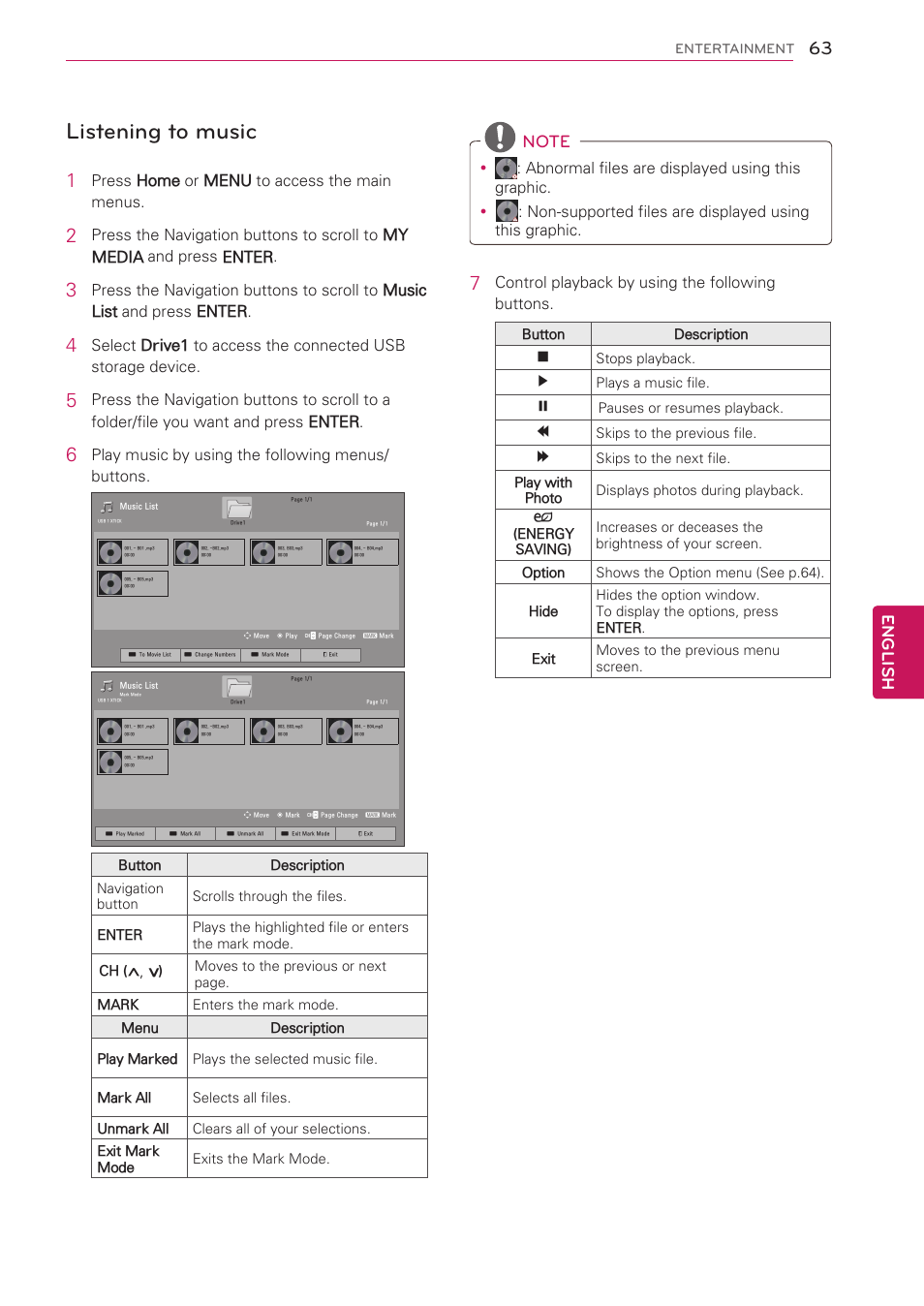 Listening to music, English | LG 42LW5000 User Manual | Page 63 / 130
