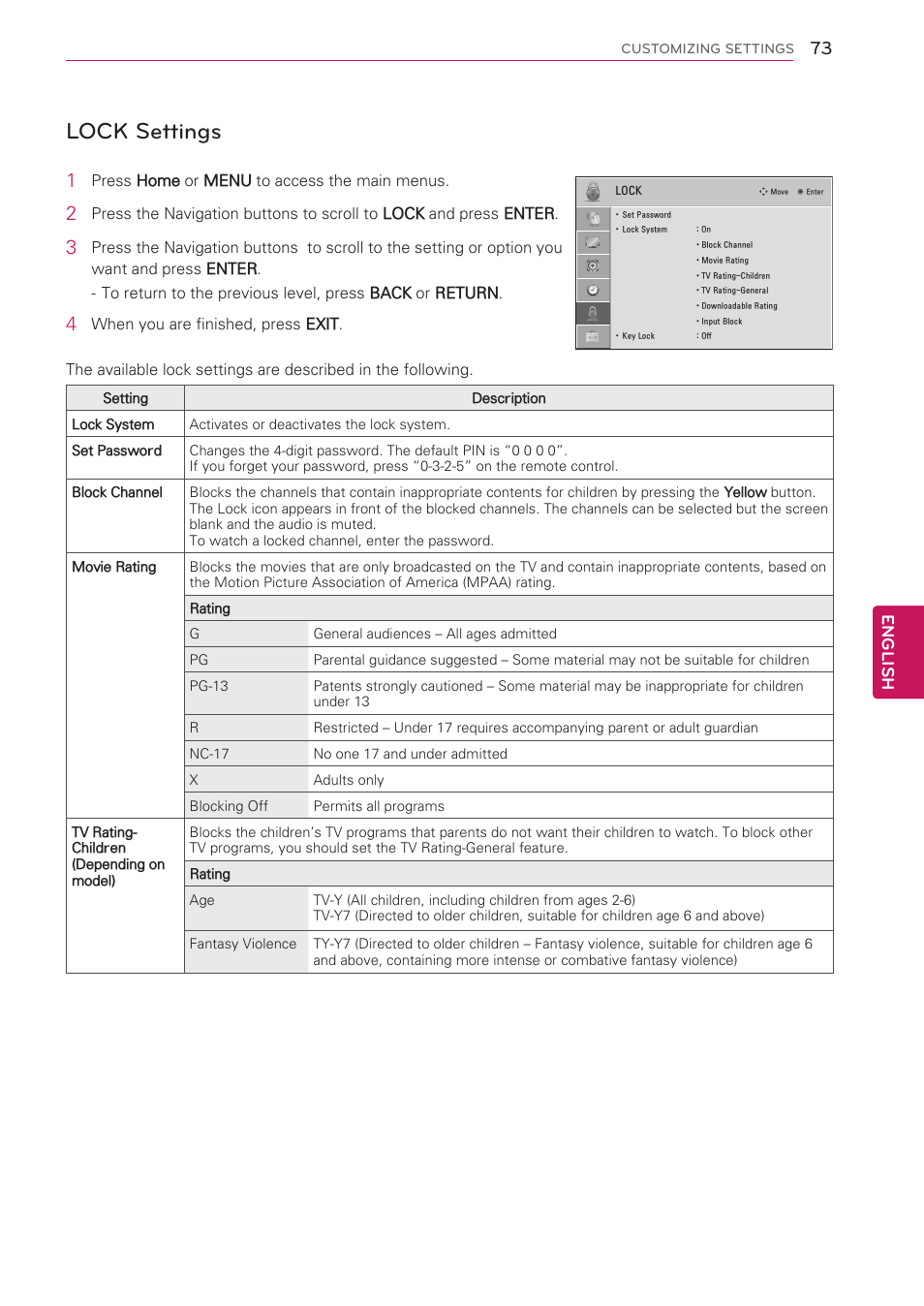 Lock settings, English | LG 42LW5000 User Manual | Page 73 / 130