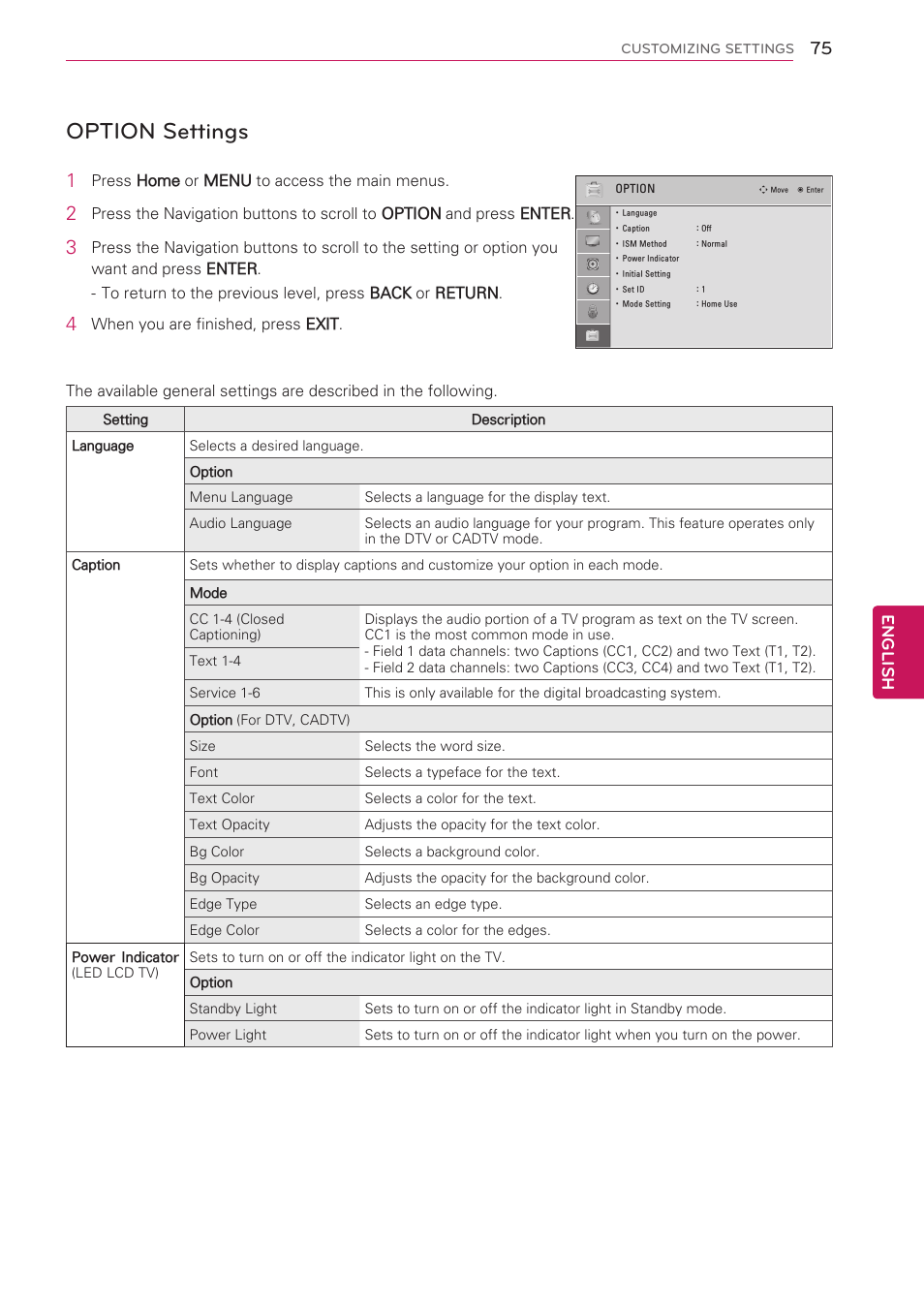 Option settings, English | LG 42LW5000 User Manual | Page 75 / 130