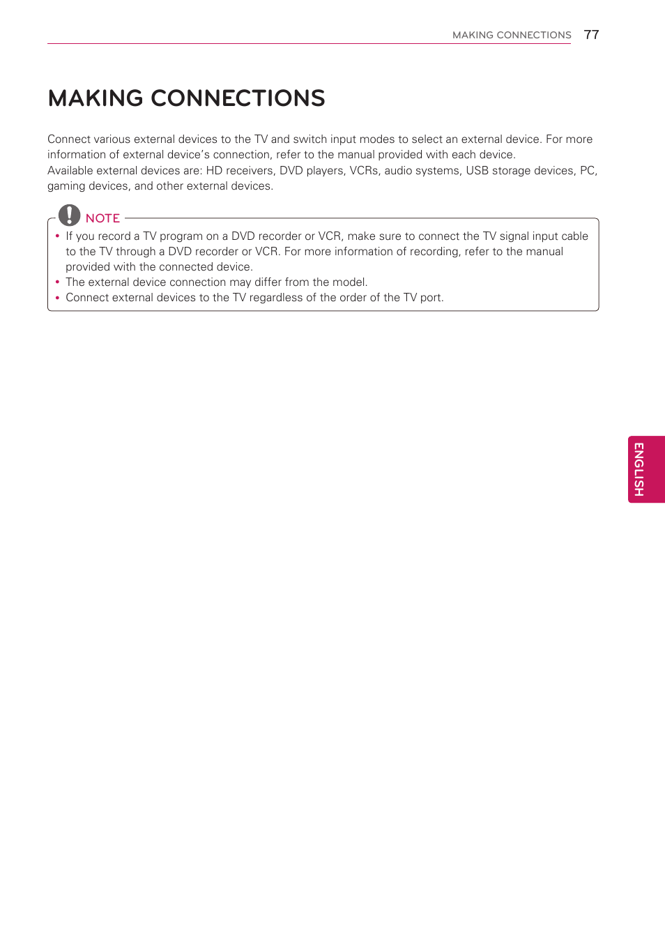 Making connections, 77 making connections | LG 42LW5000 User Manual | Page 77 / 130