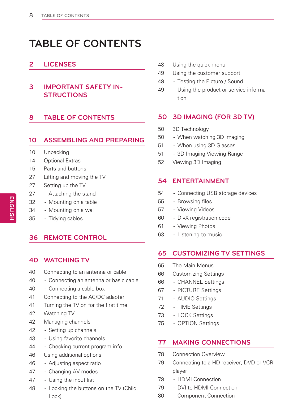 LG 42LW5000 User Manual | Page 8 / 130