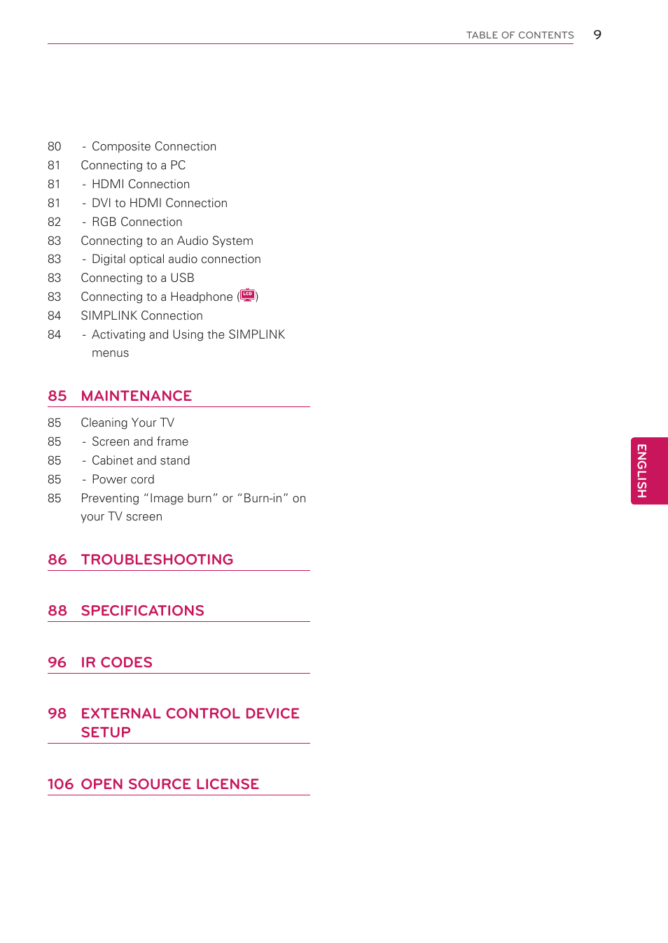85 maintenance | LG 42LW5000 User Manual | Page 9 / 130