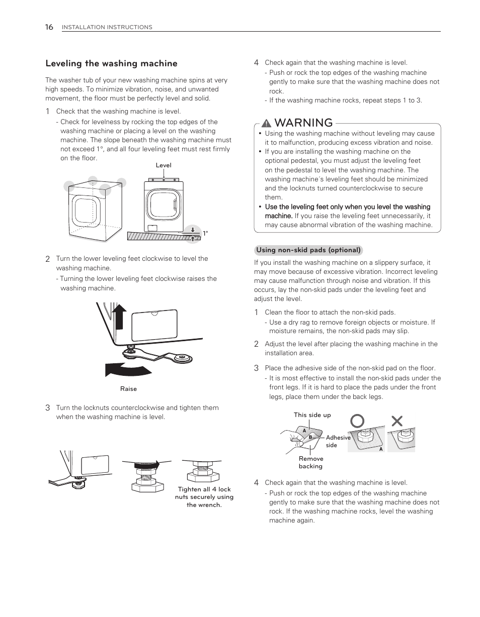 Warning, Leveling the washing machine | LG WM8500HWA User Manual | Page 16 / 92