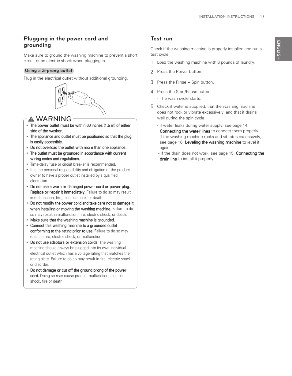 Warning, Plugging in the power cord and grounding, Test run | LG WM8500HWA User Manual | Page 17 / 92
