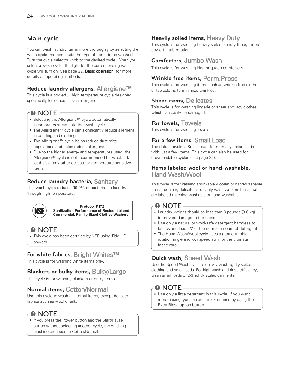 Main cycle, Heavy duty, Jumbo wash | Perm.press, Delicates, Towels, Small load, Hand wash/wool, Speed wash, Allergiene | LG WM8500HWA User Manual | Page 24 / 92